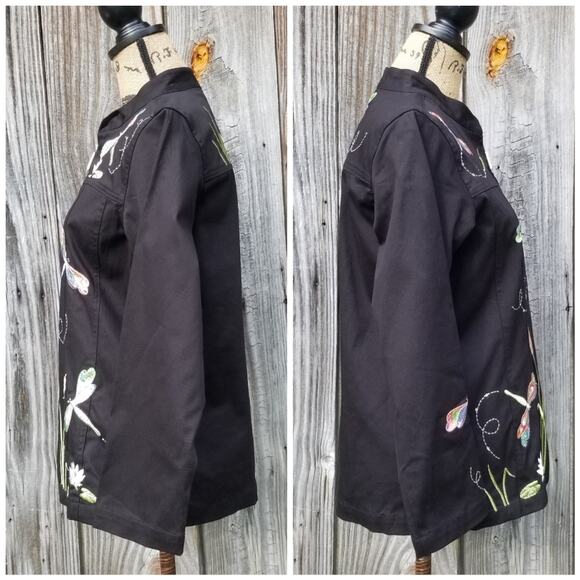 Dragonfly Embroidered Jacket Quacker Factory Size S Black Stretch Zip Front NWT - Picture 2 of 9
